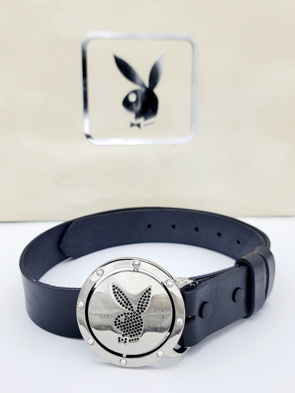 PLAYBOY Y2K Rhinstones Reversible Leather Black Bling Buckle Belt Vintage 2005